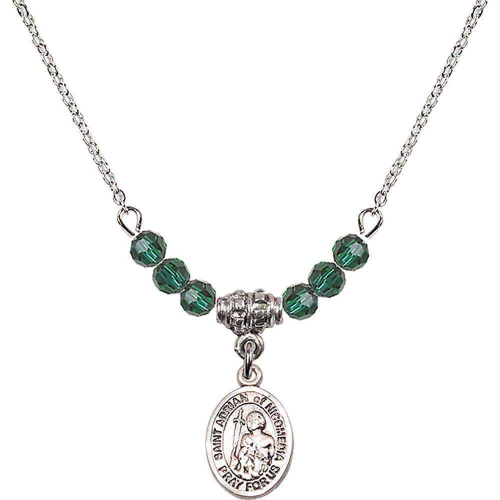 Sterling Silver Saint Adrian of Nicomedia Birthstone Necklace with Emerald Beads - 9353