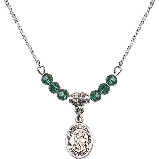 Sterling Silver Saint Adrian of Nicomedia Birthstone Necklace with Emerald Beads - 9353