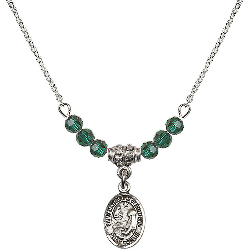 Sterling Silver Saint Catherine of Bologna Birthstone Necklace with Emerald Beads - 9354