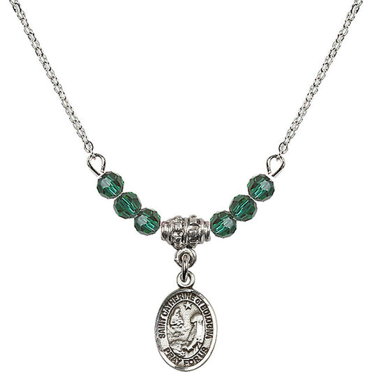 Sterling Silver Saint Catherine of Bologna Birthstone Necklace with Emerald Beads - 9354
