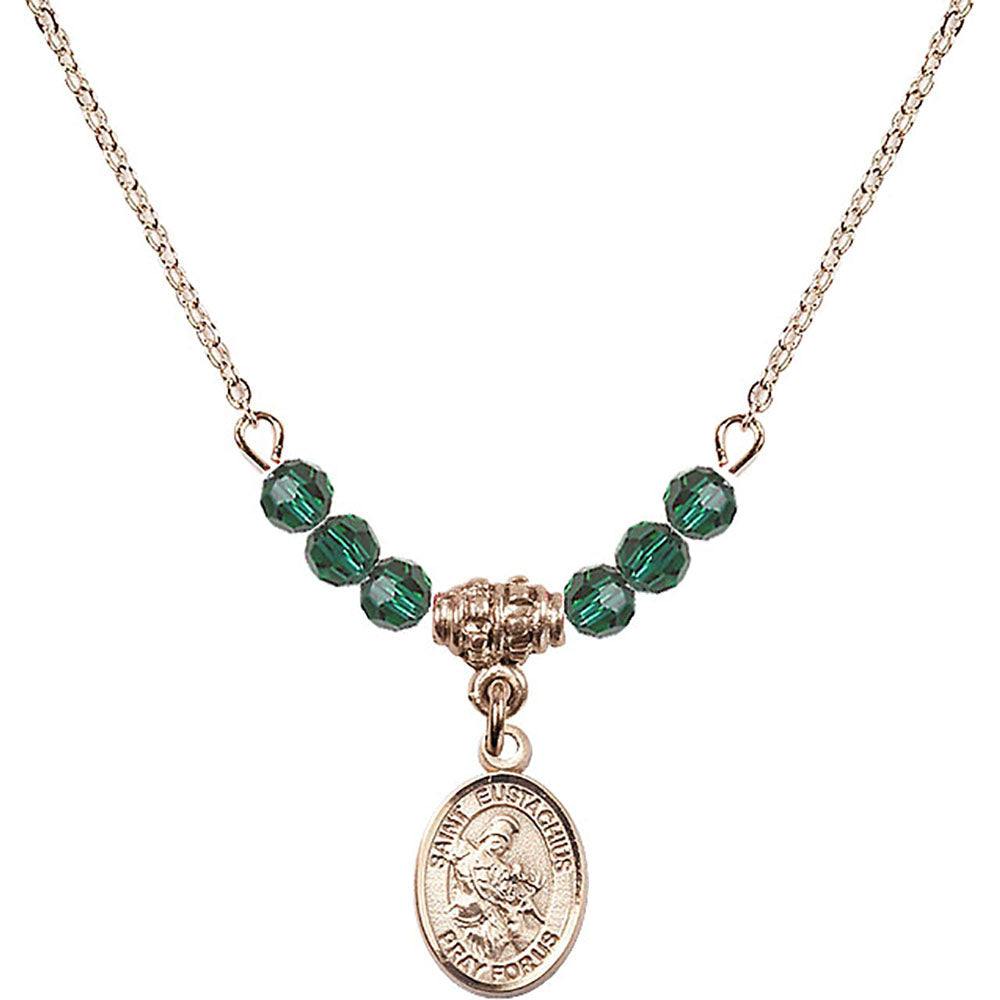 14kt Gold Filled Saint Eustachius Birthstone Necklace with Emerald Beads - 9356