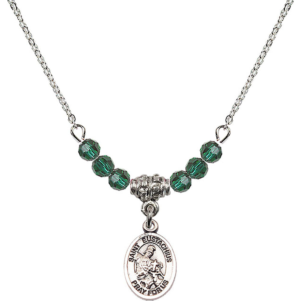 Sterling Silver Saint Eustachius Birthstone Necklace with Emerald Beads - 9356