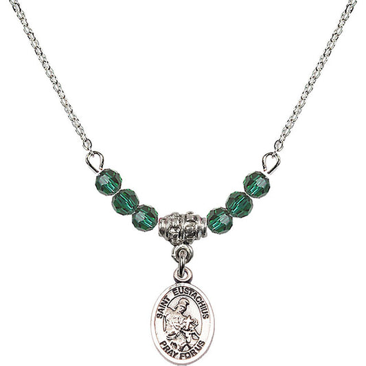 Sterling Silver Saint Eustachius Birthstone Necklace with Emerald Beads - 9356