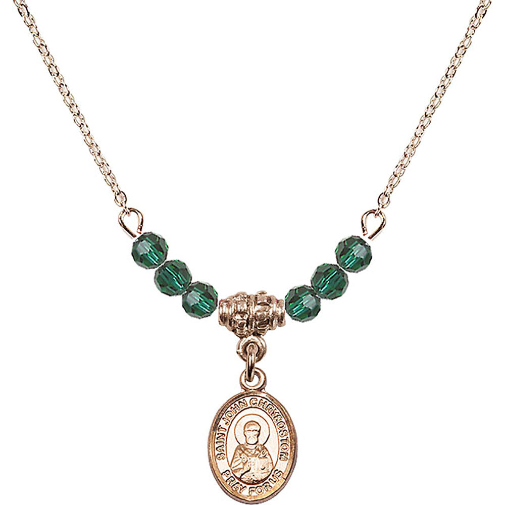 14kt Gold Filled Saint John Chrysostom Birthstone Necklace with Emerald Beads - 9357