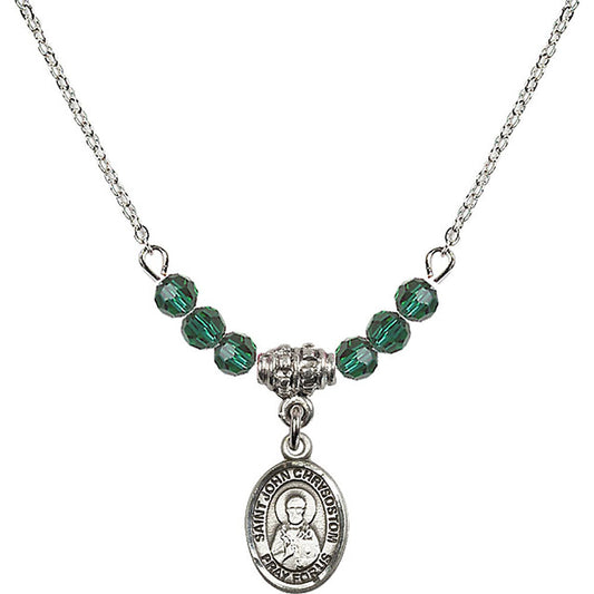 Sterling Silver Saint John Chrysostom Birthstone Necklace with Emerald Beads - 9357
