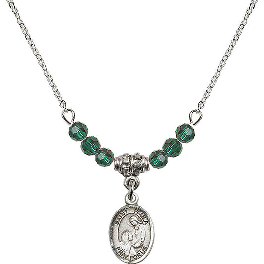 Sterling Silver Saint Paula Birthstone Necklace with Emerald Beads - 9359