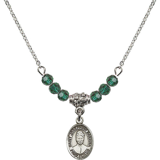 Sterling Silver Saint Josephine Bakhita Birthstone Necklace with Emerald Beads - 9360