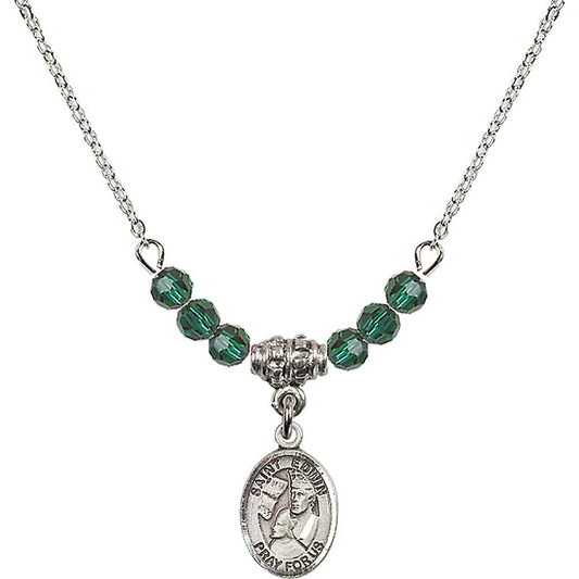 Sterling Silver Saint Edwin Birthstone Necklace with Emerald Beads - 9361
