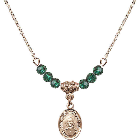 14kt Gold Filled Saint Josemaria Escriva Birthstone Necklace with Emerald Beads - 9362