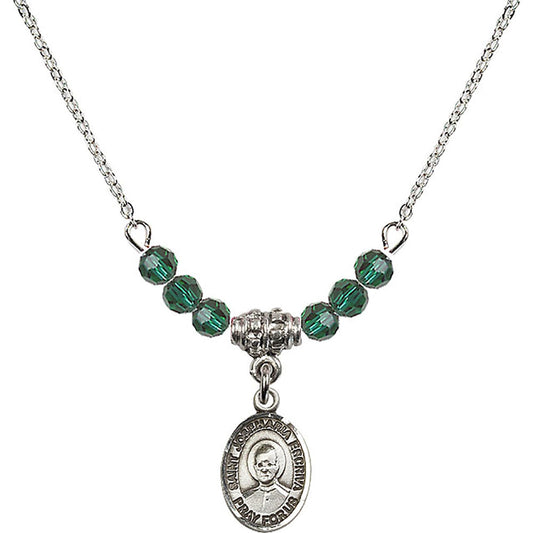 Sterling Silver Saint Josemaria Escriva Birthstone Necklace with Emerald Beads - 9362