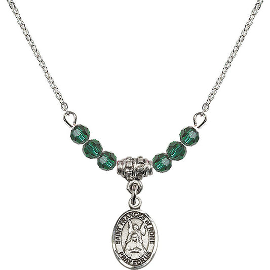 Sterling Silver Saint Frances of Rome Birthstone Necklace with Emerald Beads - 9365