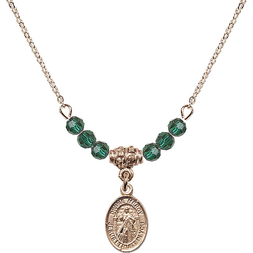 14kt Gold Filled Divine Mercy Birthstone Necklace with Emerald Beads - 9366