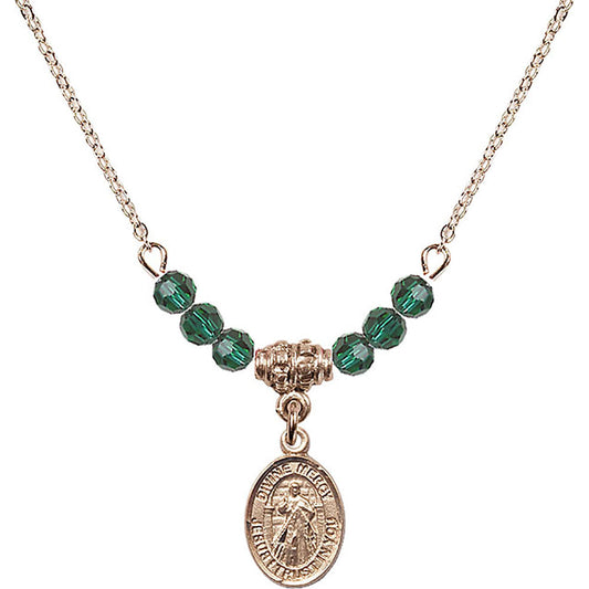 14kt Gold Filled Divine Mercy Birthstone Necklace with Emerald Beads - 9366