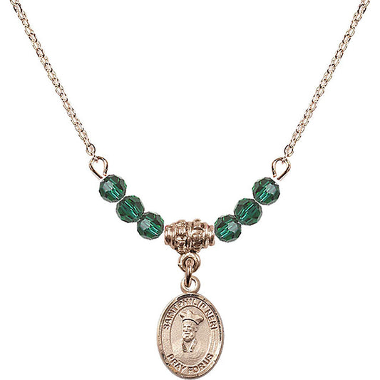 14kt Gold Filled Saint Philip Neri Birthstone Necklace with Emerald Beads - 9369
