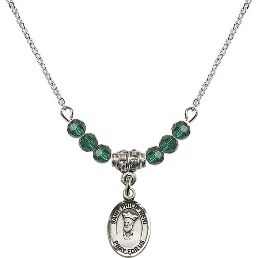 Sterling Silver Saint Philip Neri Birthstone Necklace with Emerald Beads - 9369