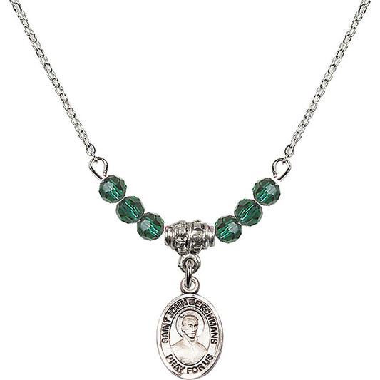 Sterling Silver Saint John Berchmans Birthstone Necklace with Emerald Beads - 9370