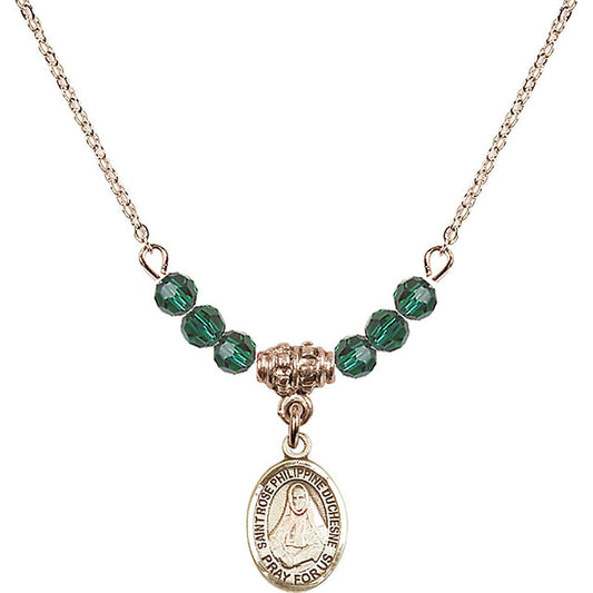 14kt Gold Filled Saint Rose Philippine Duchesne Birthstone Necklace with Emerald Beads - 9371
