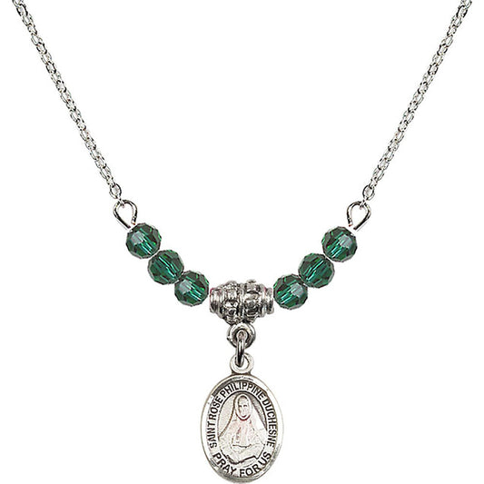 Sterling Silver Saint Rose Philippine Duchesne Birthstone Necklace with Emerald Beads - 9371