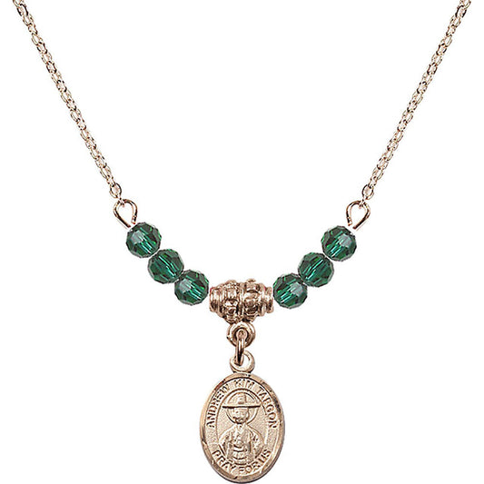 14kt Gold Filled Saint Andrew Kim Taegon Birthstone Necklace with Emerald Beads - 9373