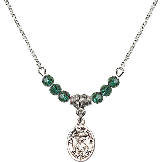 Sterling Silver Saint Andrew Kim Taegon Birthstone Necklace with Emerald Beads - 9373