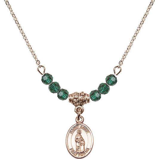 14kt Gold Filled Saint Anne Birthstone Necklace with Emerald Beads - 9374