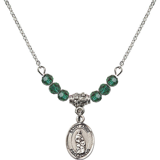 Sterling Silver Saint Anne Birthstone Necklace with Emerald Beads - 9374