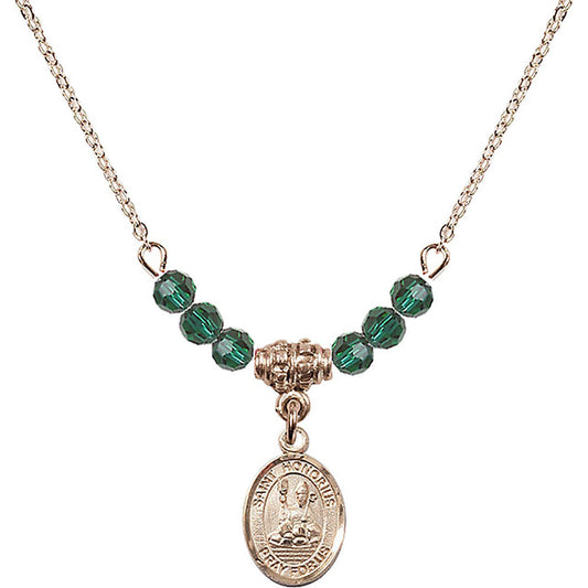 14kt Gold Filled Saint Honorius of Amiens Birthstone Necklace with Emerald Beads - 9376