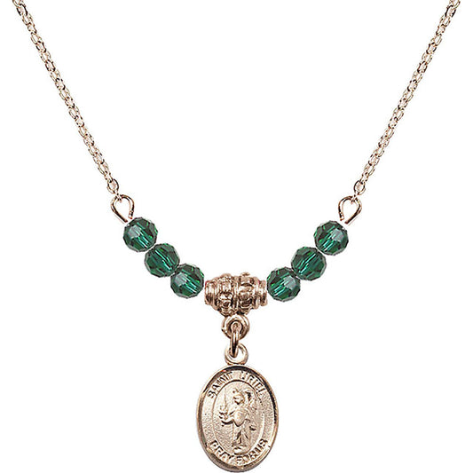 14kt Gold Filled Saint Uriel the Archangel Birthstone Necklace with Emerald Beads - 9378