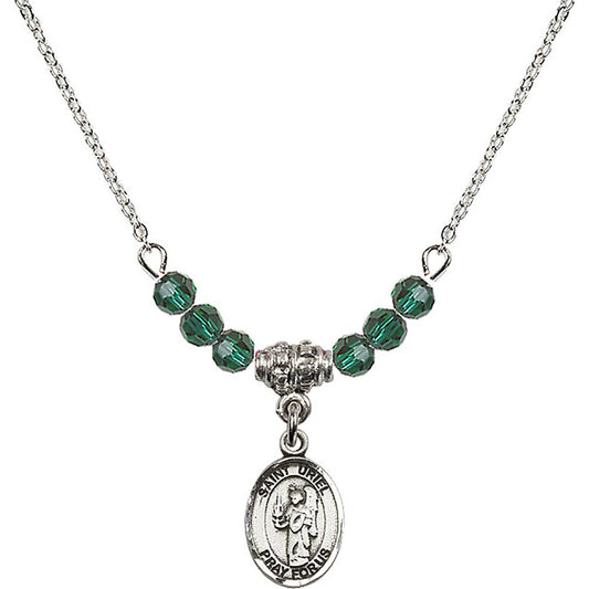Sterling Silver Saint Uriel the Archangel Birthstone Necklace with Emerald Beads - 9378