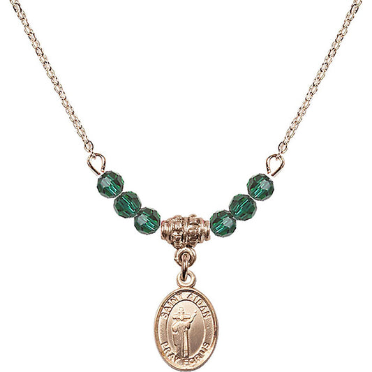 14kt Gold Filled Saint Aidan of Lindesfarne Birthstone Necklace with Emerald Beads - 9381