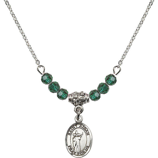 Sterling Silver Saint Aidan of Lindesfarne Birthstone Necklace with Emerald Beads - 9381