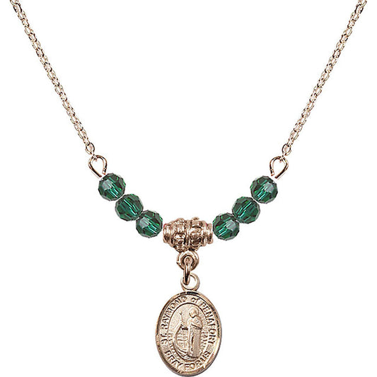 14kt Gold Filled Saint Raymond of Penafort Birthstone Necklace with Emerald Beads - 9385