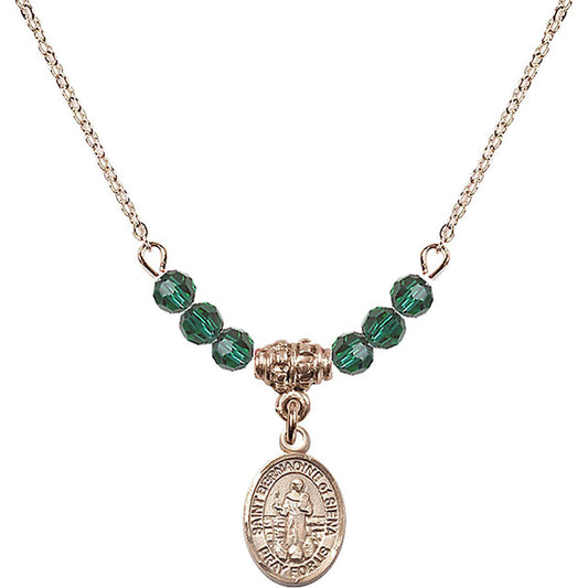 14kt Gold Filled Saint Bernadine of Sienna Birthstone Necklace with Emerald Beads - 9387