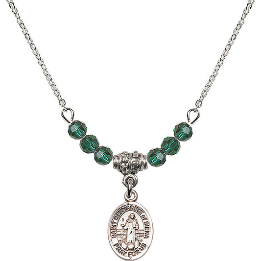 Sterling Silver Saint Bernadine of Sienna Birthstone Necklace with Emerald Beads - 9387