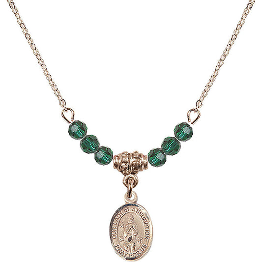 14kt Gold Filled Our Lady of Assumption Birthstone Necklace with Emerald Beads - 9388