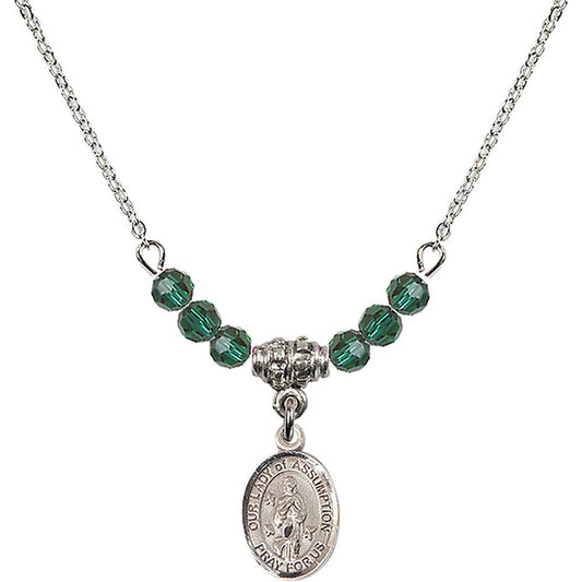 Sterling Silver Our Lady of Assumption Birthstone Necklace with Emerald Beads - 9388