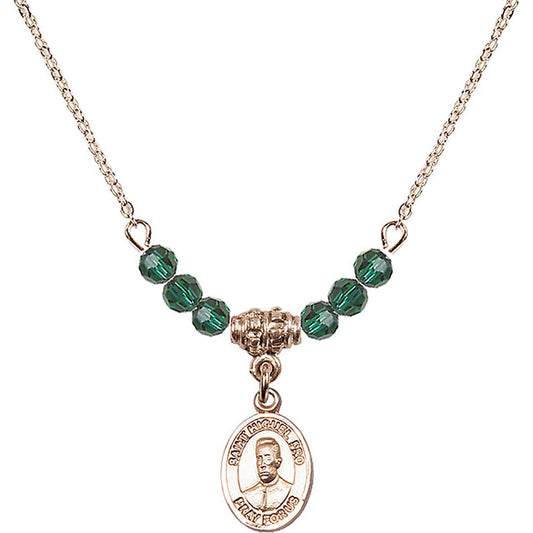14kt Gold Filled Blessed Miguel Pro Birthstone Necklace with Emerald Beads - 9389
