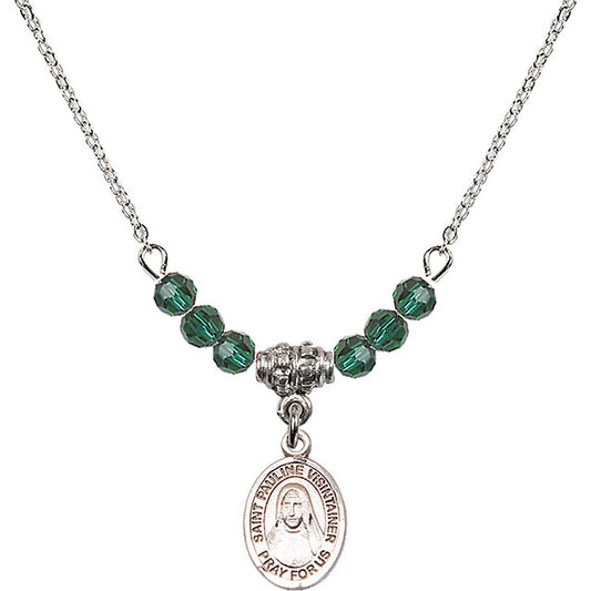 Sterling Silver Saint Pauline Visintainer Birthstone Necklace with Emerald Beads - 9391