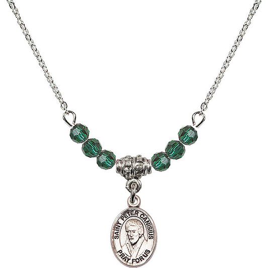 Sterling Silver Saint Peter Canisius Birthstone Necklace with Emerald Beads - 9393
