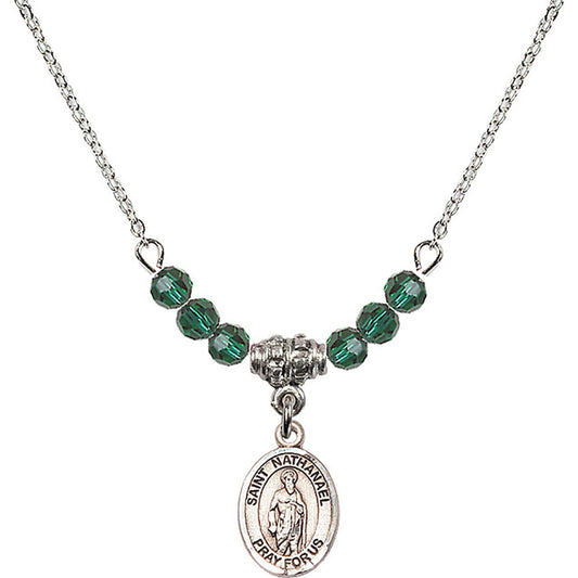 Sterling Silver Saint Nathanael Birthstone Necklace with Emerald Beads - 9398