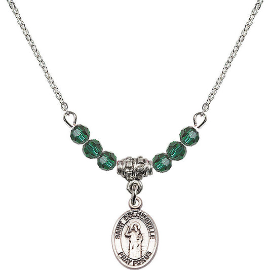 Sterling Silver Saint Columbkille Birthstone Necklace with Emerald Beads - 9399