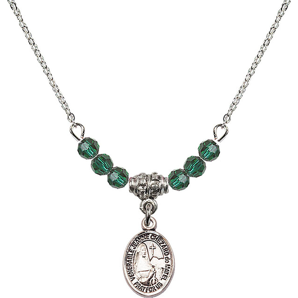 Sterling Silver Saint Jeanne Chezard de Matel Birthstone Necklace with Emerald Beads - 9401