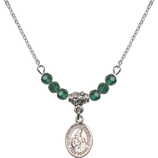 Sterling Silver Saint Margaret of Scotland Birthstone Necklace with Emerald Beads - 9407
