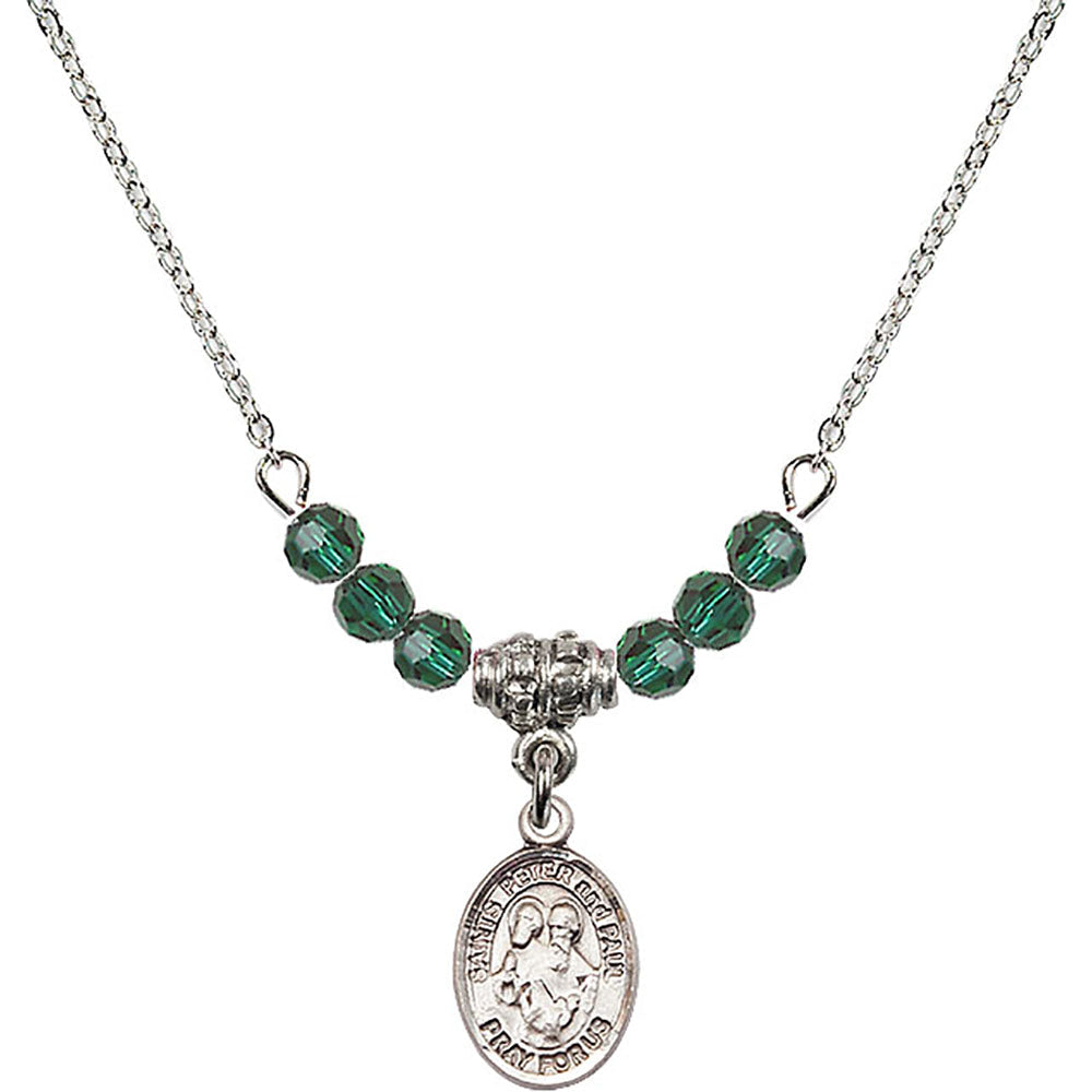 Sterling Silver Saints Peter & Paul Birthstone Necklace with Emerald Beads - 9410