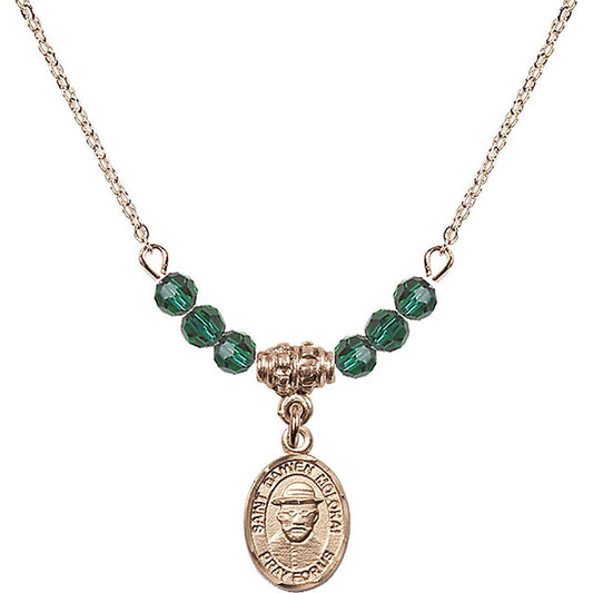 14kt Gold Filled Saint Damien of Molokai Birthstone Necklace with Emerald Beads - 9412