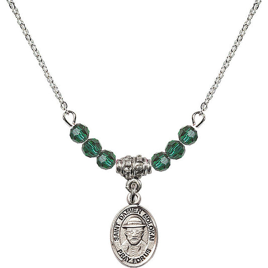 Sterling Silver Saint Damien of Molokai Birthstone Necklace with Emerald Beads - 9412