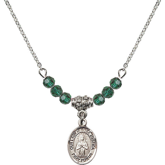 Sterling Silver Our Lady of Rosa Mystica Birthstone Necklace with Emerald Beads - 9413