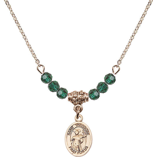 14kt Gold Filled Saint Theodore Stratelates Birthstone Necklace with Emerald Beads - 9415