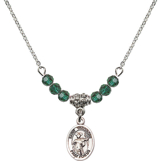 Sterling Silver Saint Theodore Stratelates Birthstone Necklace with Emerald Beads - 9415