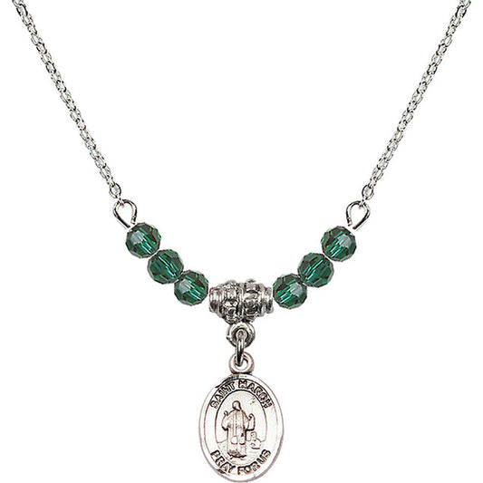 Sterling Silver Saint Maron Birthstone Necklace with Emerald Beads - 9417